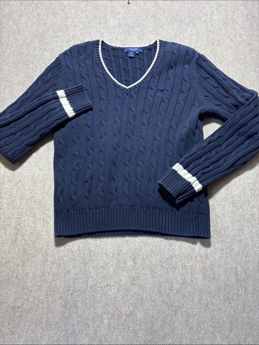 Chaps Women V-Neck Cotton Cable Knit Sweater Navy Fall Spring Size M  (11)